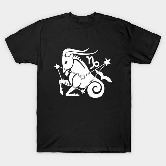 Capricorn - Zodiac Astrology Symbol with Constellation and Sea Goat Design (White on Black, Symbol Only Variant) T-Shirt by Occult Designs